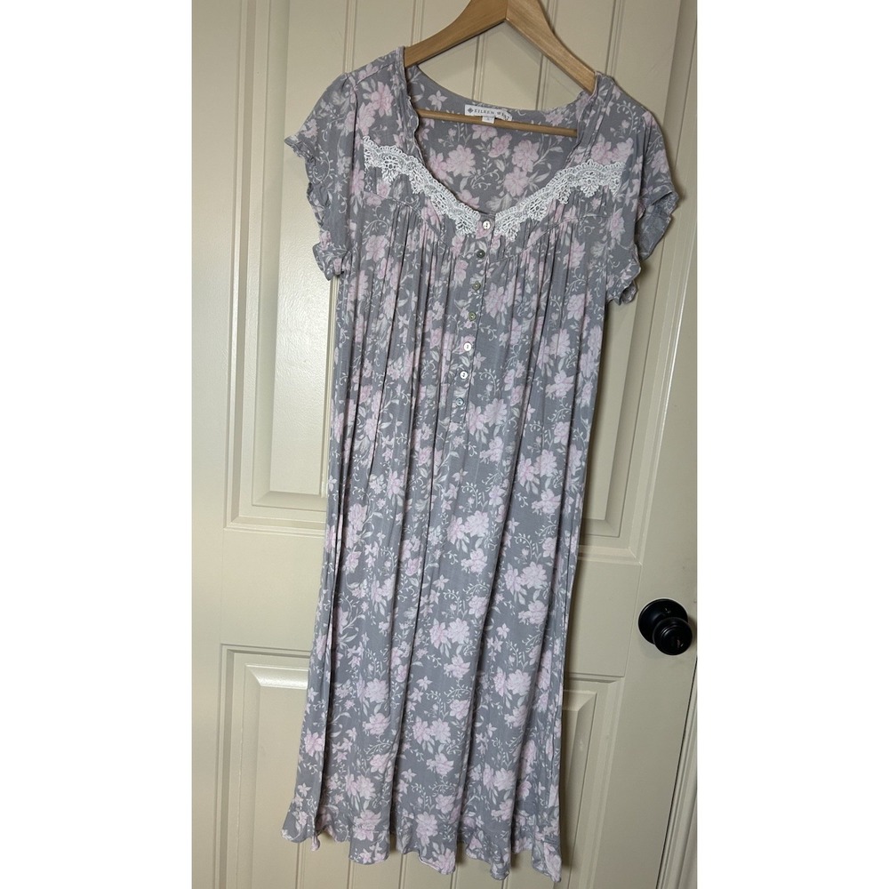 Eileen West Women's Night Gown Sz Small Gray Pink Floral Pattern With Lace Trim - Picture 1 of 10